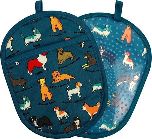 Pot Holders Set of 2 with Transparent Clear Silicone Shell and Nice Dog Flower Cotton Lining, Heat Resistant to 500 F Kitchen Oven Gloves Pot Holder for Cooking (Blue Dog, Potholders)