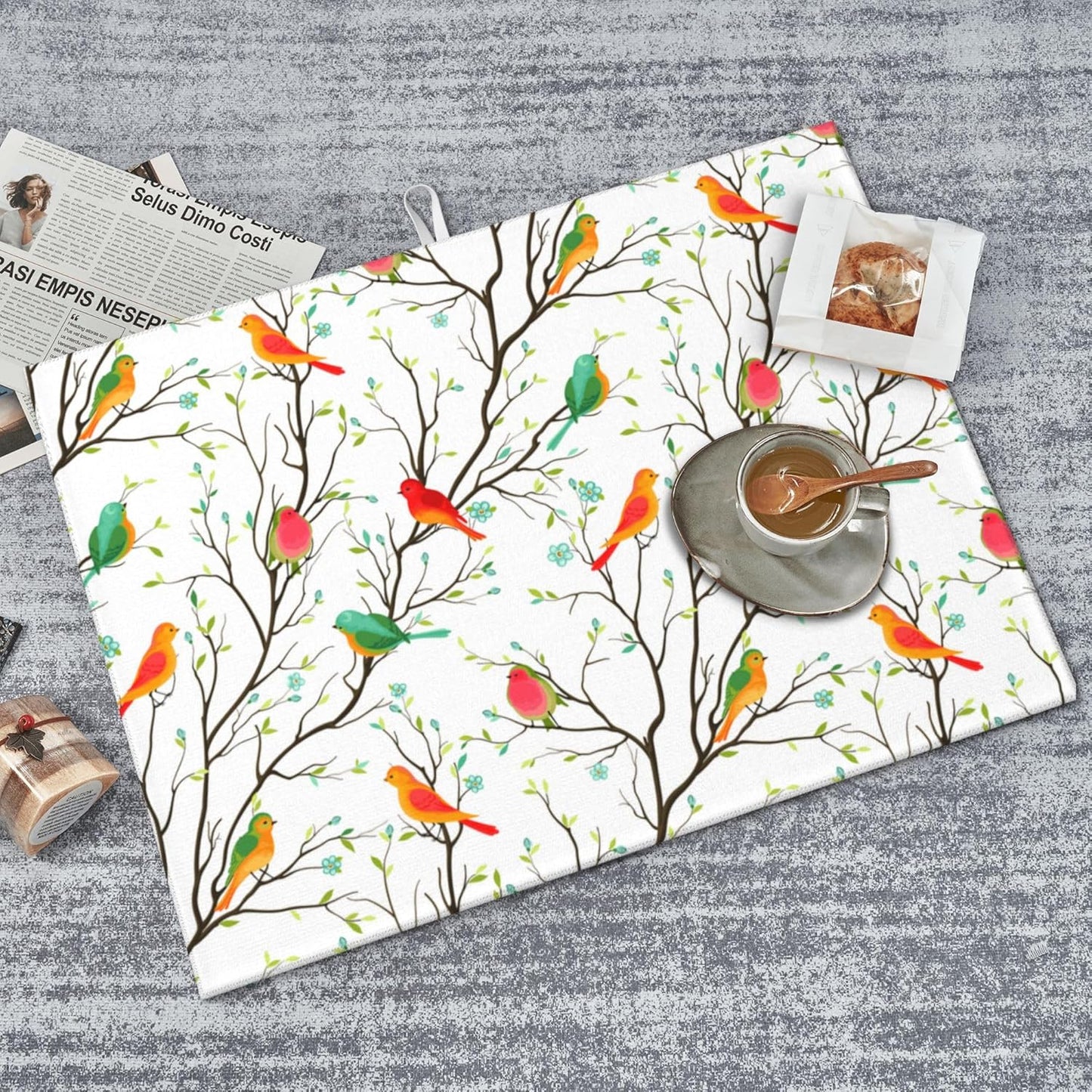 Cute Birds Kitchen Drying Mat Birds on Tree Microfiber Dish Drainer Mat for Kitchen Counter Absorbent Reusable Washable 18x24 Inch