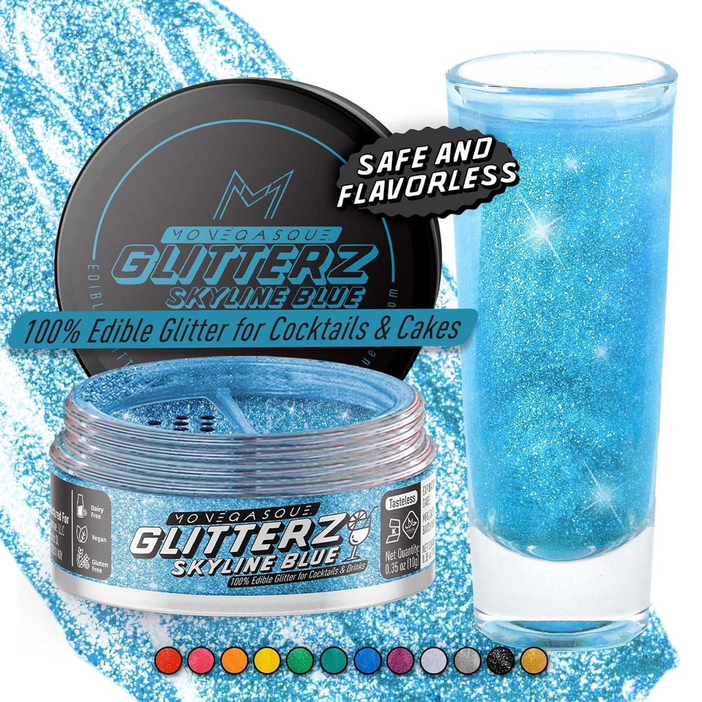 MONÉGASQUE Skyline Blue Edible Glitter for Drinks 10g – Blue Edible Glitter for Cakes & Halloween Cupcakes - Champagne, Beverage, & Cocktail Drink - Food Decorating Sprinkles & Cake Decorations Spray