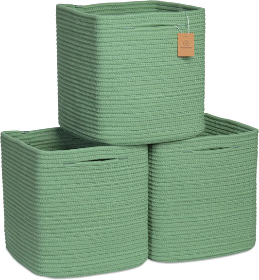 NaturalCozy Storage Cubes 11 Inch Cotton Rope Woven Baskets for Organizing, 3-Pack | Cube Storage Bin | Square Storage Baskets for Shelves Organizer, Classroom, Kids Toy Bins, Closet, Baby Nursery