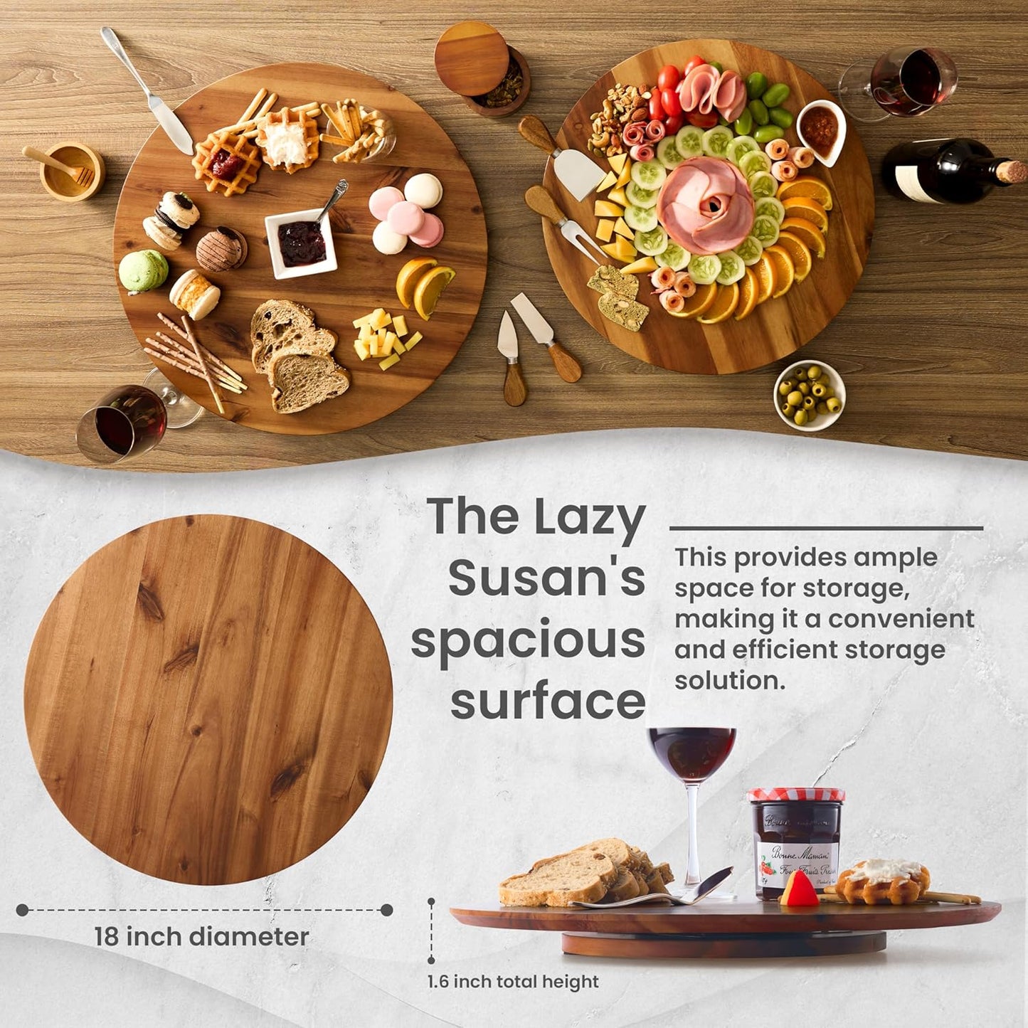 18" Acacia Wood Lazy Susan for Table Top - Wooden Turntable Serving Tray for Charcuterie Boards Cheese Board - Extra Large Round Lazy Susan Organizer - Kitchen Revolution for Countertop
