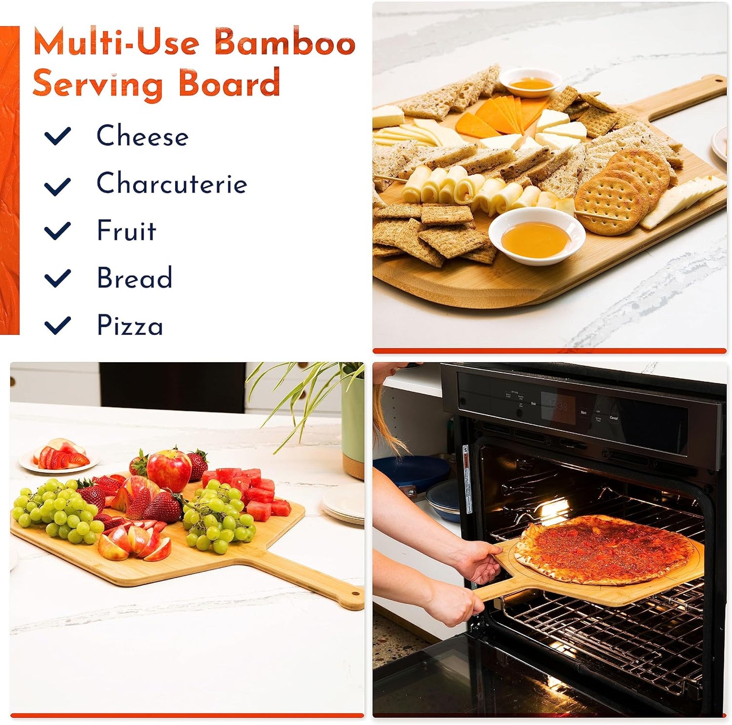 Loftern Wooden Pizza Peel 16 Inch Board with Engraved Sizes - Multi-Purpose Bamboo Pizza Cutting Board, Wood Pizza Peel, Pizza Spatula Paddle, and Serving Board with Size and Cutting Guide