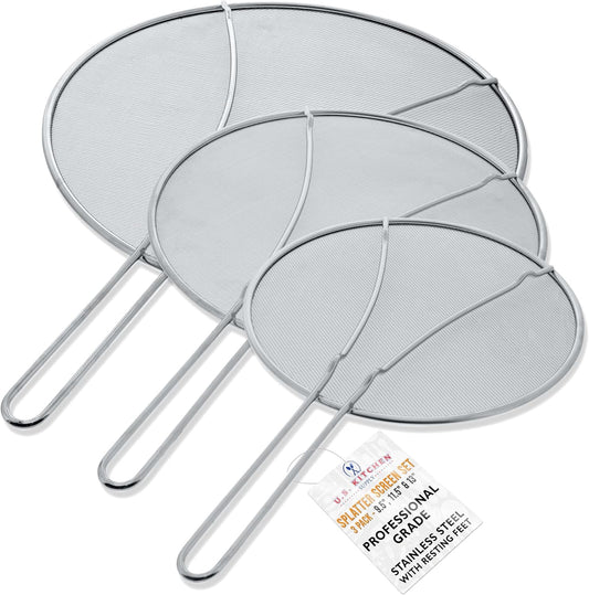U.S. Kitchen Supply Set of 3 Stainless Steel Splatter Screen - 13", 11.5" & 9.5" Sizes - Fine Mesh Splatter Screen with Resting Feet Set, Grease Guard for Kitchen Pots and Pans