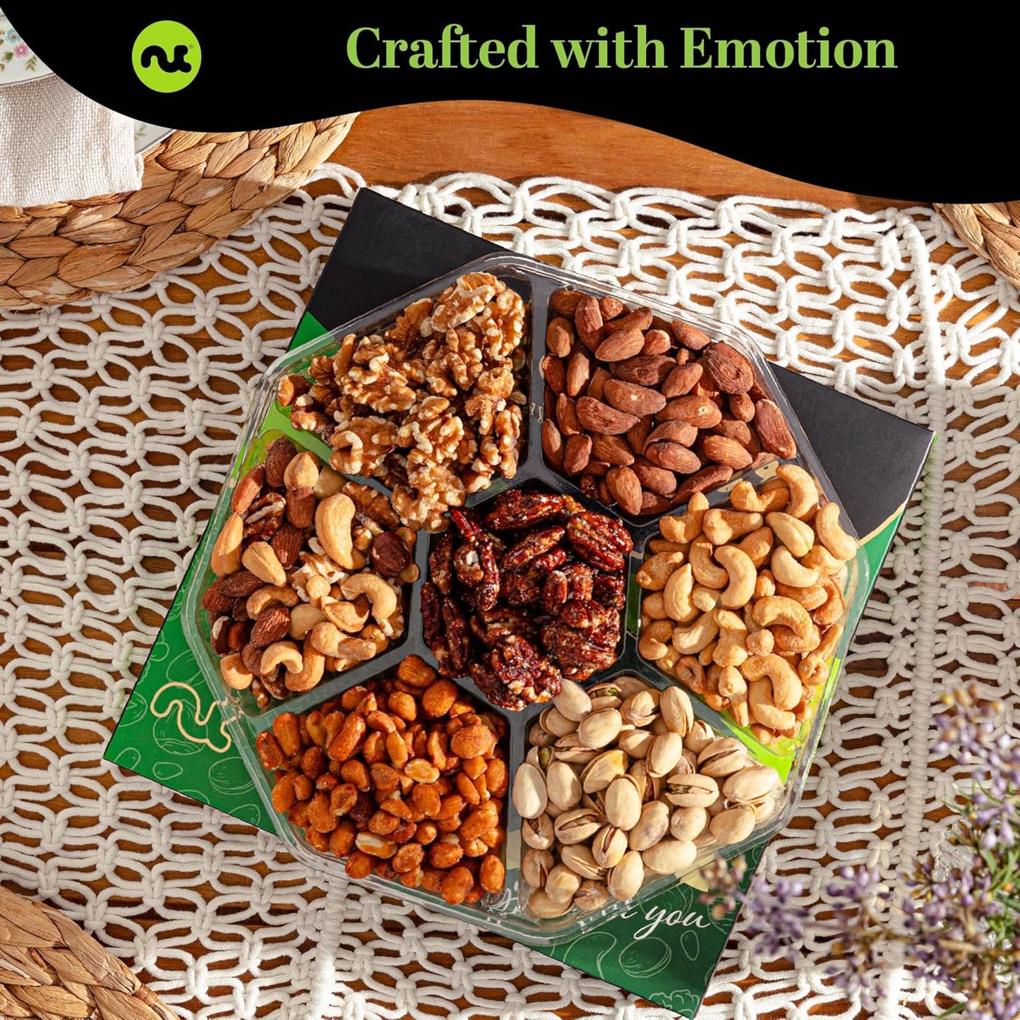 NUT CRAVINGS - Mixed Nuts Gift Basket in Green Gold Box (7 Assortments, 1 LB) Food Arrangement, Healthy Snack Care Package, Food Assortments