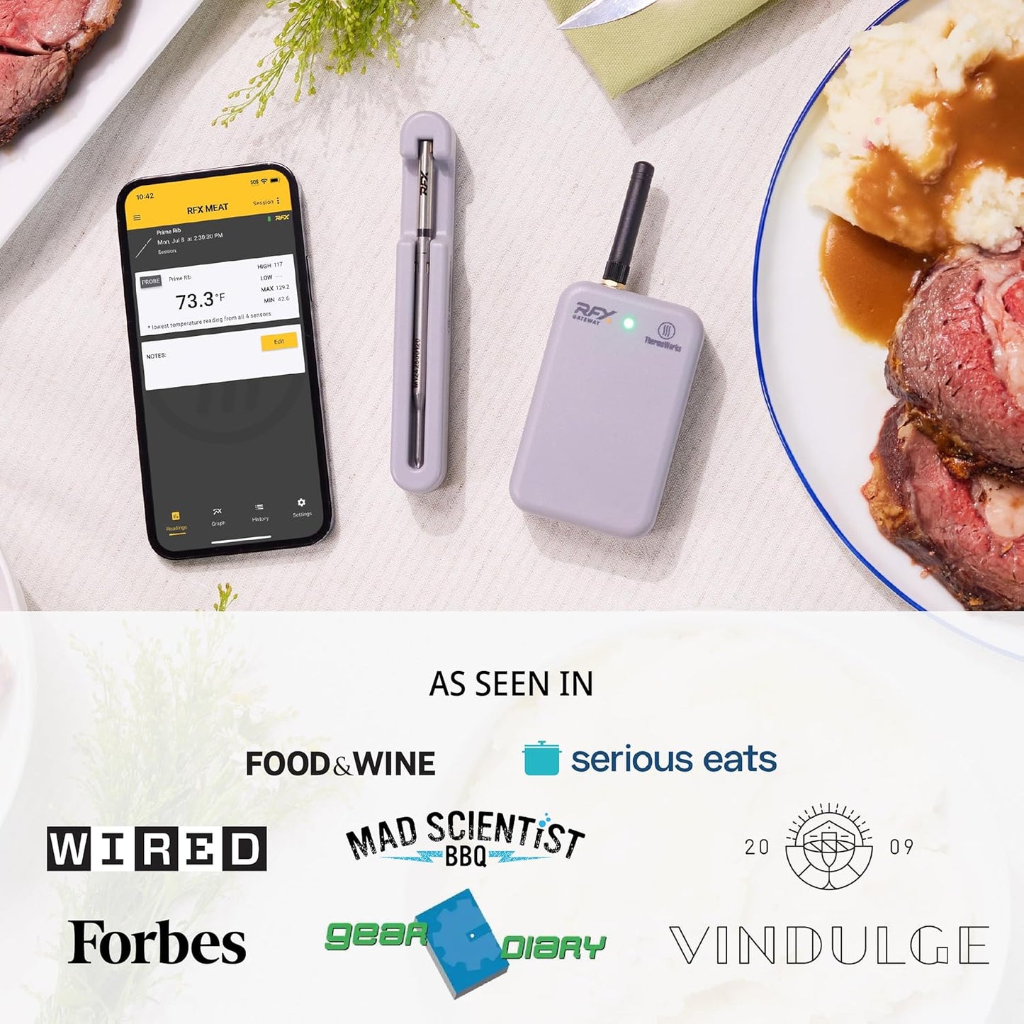 RFX | Smart Wireless Meat Thermometer | Wi-Fi & Radio Frequency | Stronger Signal Than Bluetooth | Meat Probe for Use in Smoker, Grill, BBQ, Oven - 4-Probe Kit