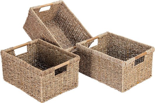 Large Wicker Basket Rectangular with Wooden Handles for Shelves, Seagrass Basket Storage, Natural Baskets for Organizing, Wicker Baskets for Storage - 3 Pack Large