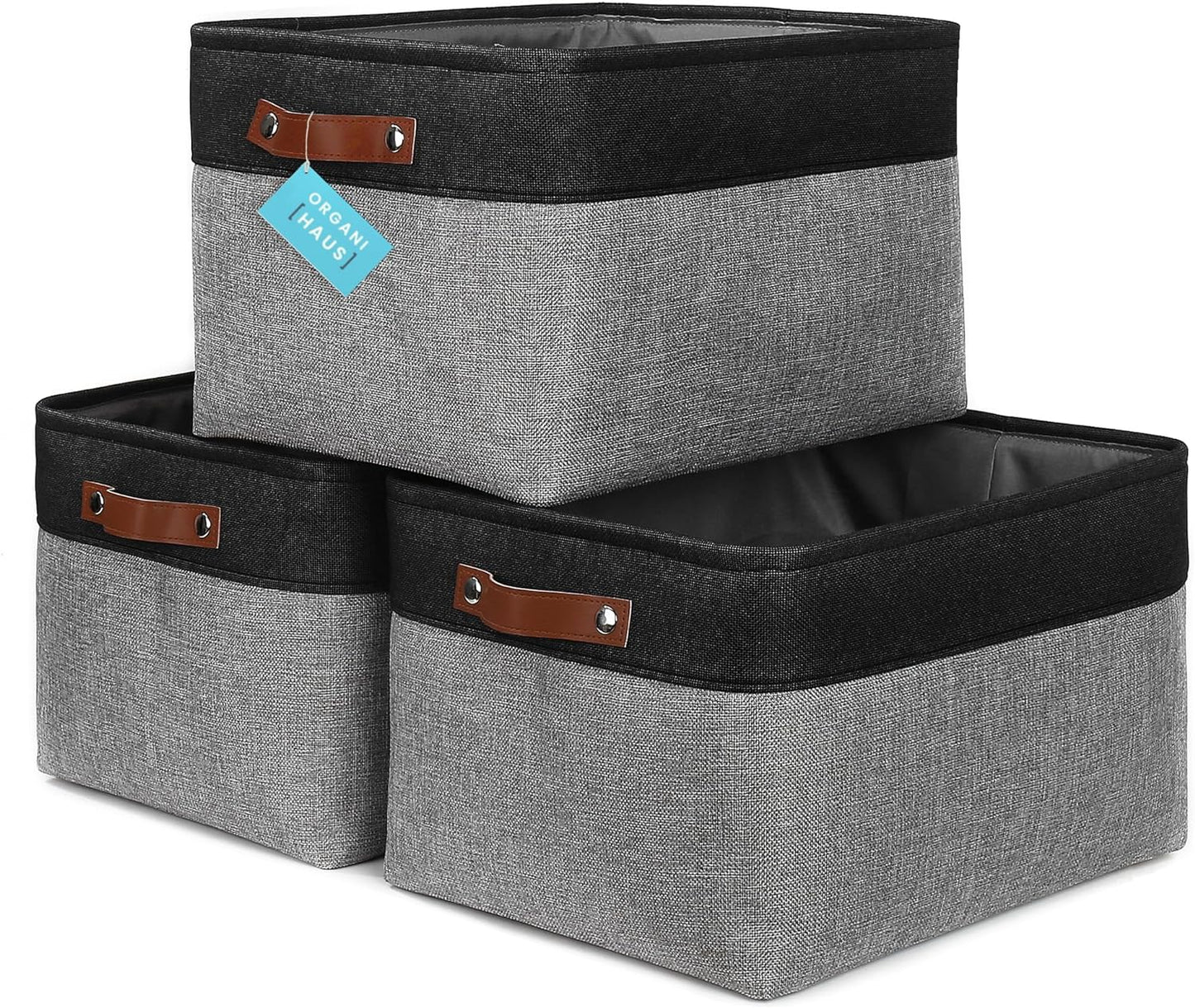 OrganiHaus Extra Large Fabric Storage Bins for Shelves 16x13in, Closet Storage Baskets for Shelf Organizing, Canvas Rectangle Bins for Organization, Linnen Baskets for Organizing - Gray/Black