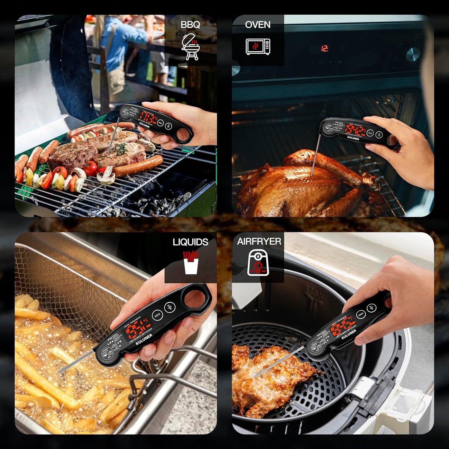 KULUNER 1-Second Rapid and Accurate Meat Thermometer - Waterproof Multifunctional Kitchen Food Thermometer, Ideal for Frying, Smoking, Grilling and More (Black)
