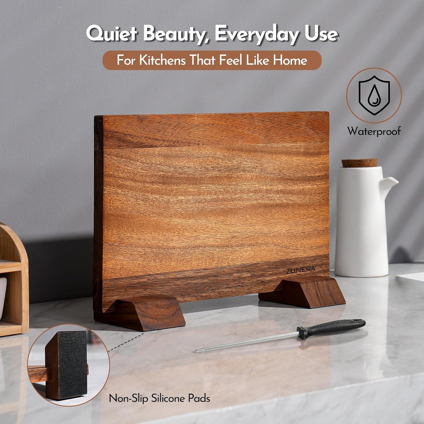 Double-Sided Magnetic Knife Block – 13.8.5 x 9.1 Inch Walnut Wood Knife Holder with 24 Powerful Magnets, Universal Knife Storage Stand with Non-Slip Base & Sharpening Rod