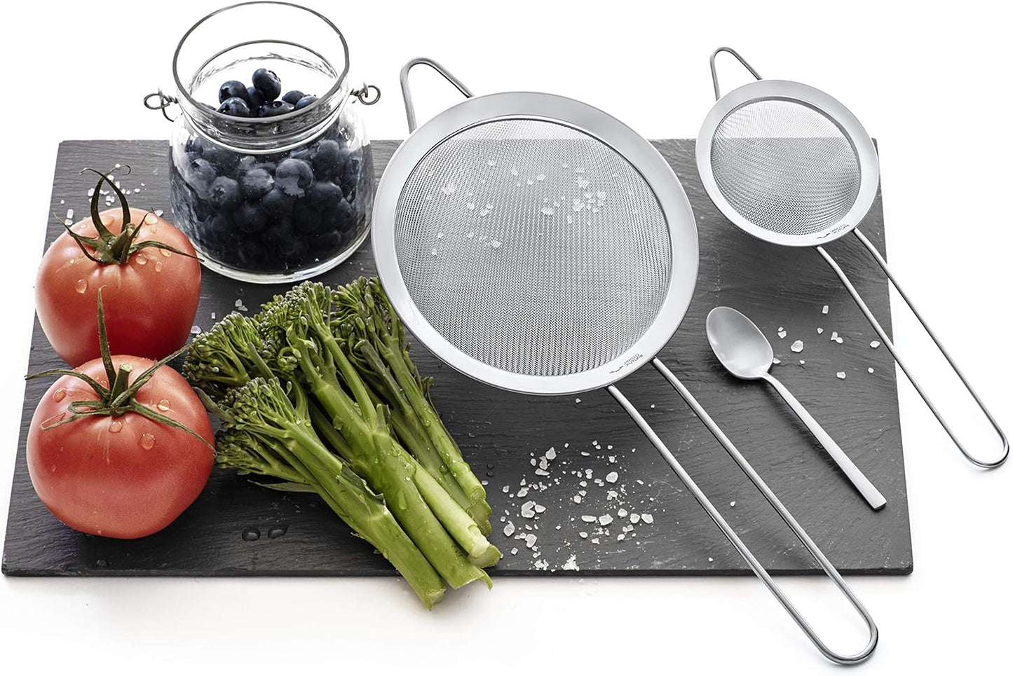Strainer Set Fine Mesh – Premium 304 Stainless Steel (18/8) – 8″, 5.5″ and 3.3″ Sturdy Kitchen Strainers (Silver)