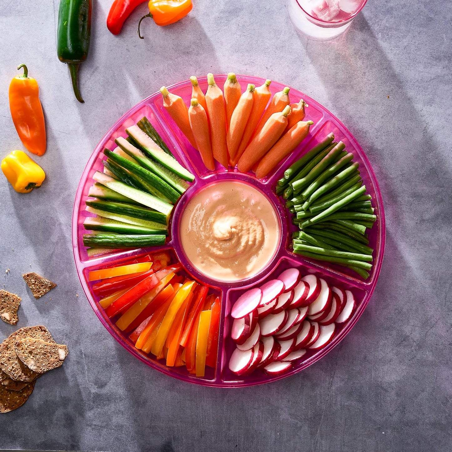 Plasticpro 6 Sectional Round Plastic Serving Tray/Platters Pink Pack of 2