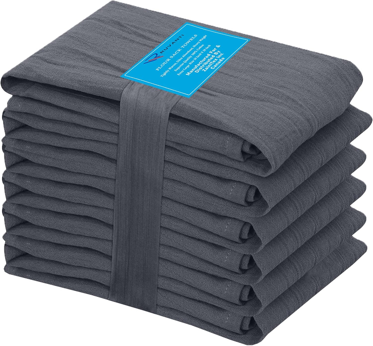 RUVANTI Flour Sack Towels 6 Pack 28x28 Inch, 100% Cotton Tea Towel, Reusable, Machine Washable, Absorbent BarTowels - Dish Cloth Perfect for Drying Dishes & Cleaning - Grey