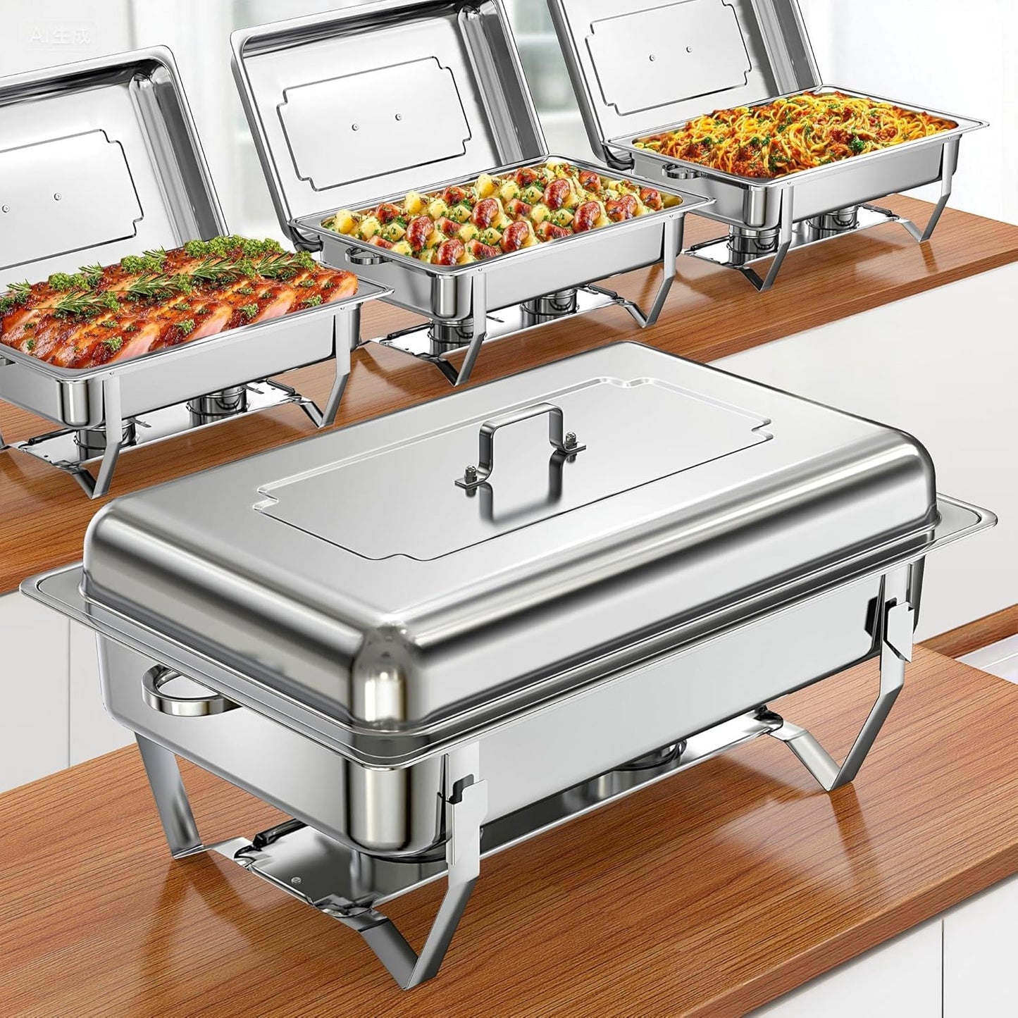 Chafing Dishes for Buffet (9QT, 4 Pack) - Easy Assembly, Food-Grade Stainless Steel Chafers for Catering w/Rolled Edge Design, Foldable Frame, for Party, Banquet (Full Size Food Pan)