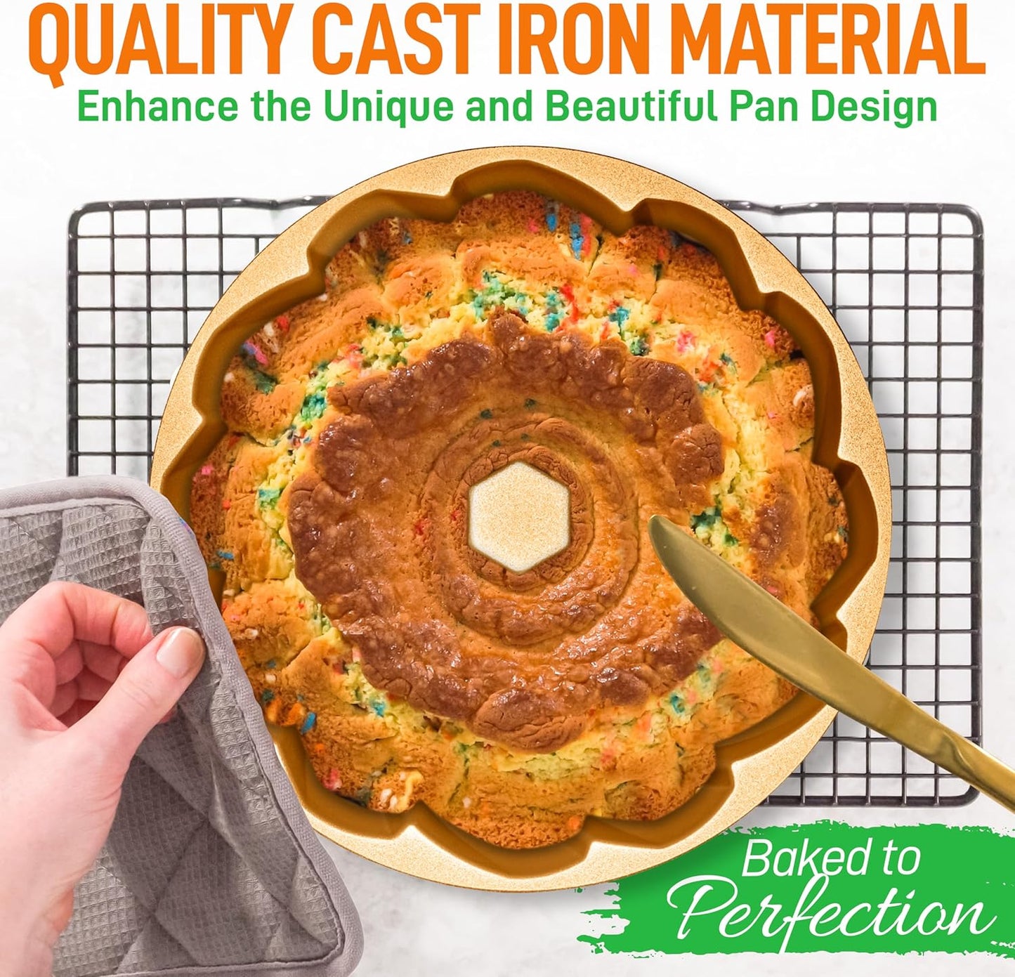 NutriChef 9-Inch Cake Pan - Heavy Die Cast Aluminum Cake Baking Mold with 2 Layers of Professional Nonstick Coating - Fluted Flow Design for Uniform Baking & Browning, Dishwasher Safe - Gold
