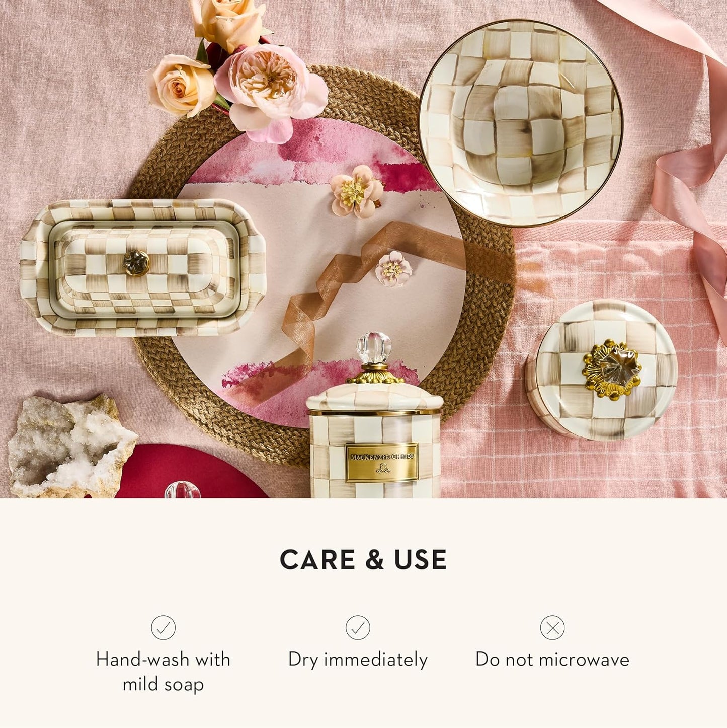 MACKENZIE-CHILDS Enamel Salad Serving Set, Enamel Bowl and Wooden Salad Servers, Decorative Kitchen Set, Brown-and-White Mocha Check