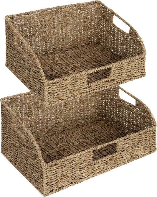 StorageWorks Pantry Baskets for Organizing, Seagrass Storage Baskets for Shelves with Built-in Handles, Pantry Organizers and Storage, Set of 2 (Large and Medium)