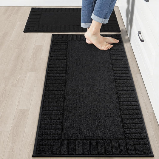 BEQHAUSE-Kitchen-Rugs-and-Mats,2 PCS Non Slip Kitchen Floor Mat,Absorbent Kitchen Mat Set Machine Washable Kitchen Runner Rug Black Kitchen Mat 20x30inch/20x48inch