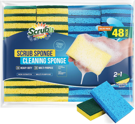 SCRUBIT 48 Pack Kitchen Sponges Dish Sponge for Washing Dishes, Kitchen & Bathroom – Blue & Yellow Dishwashing Sponges Along with A Thought Scrubber – Bulk Cleaning sponges Kitchen (Blue, Yellow)