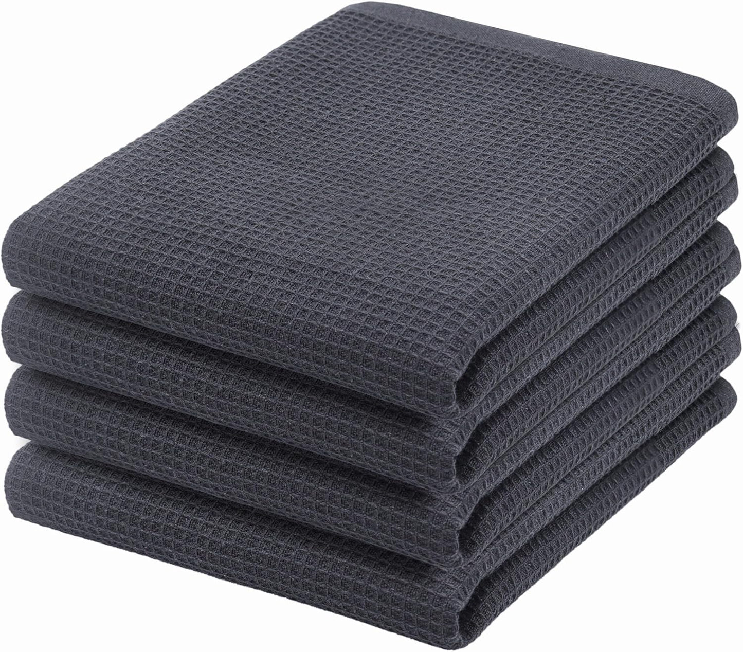 PurpleEssences Waffle Weave Kitchen Towel, 100% Cotton - 15 x 25 Inches, with Hanging Loop Ultra Soft Absorbent Quick Drying Dish Cloth, Tea and Hand Towels, 4 Pack - Spring Summer - Dark Grey