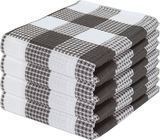 PurpleEssences 100% Cotton Waffle Weave Check Plaid Kitchen Towels, Super Soft and Absorbent Dish Towels for Drying Dishes 15 x 25-4 Pack - Spring Summer - Steel Grey and White