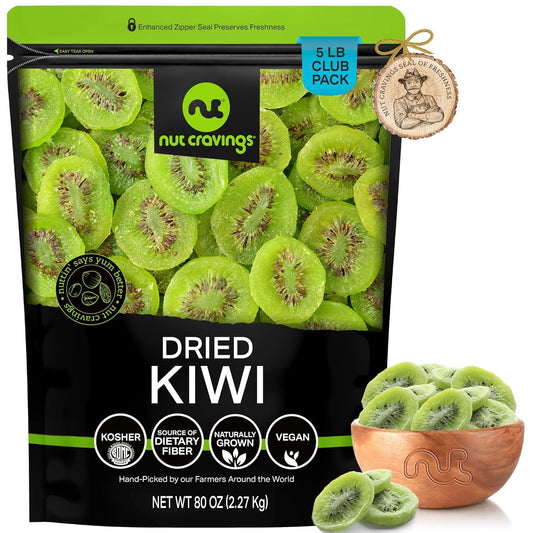 NUT CRAVINGS - Sun Dried Kiwi Slices, Lightly Sweetened (80oz, 5 LB, Bulk) Bulk Dry Fruits Packed Fresh in Resealable Bag - Sweet Healthy Snack, Naturally Grown, Vegan, Kosher