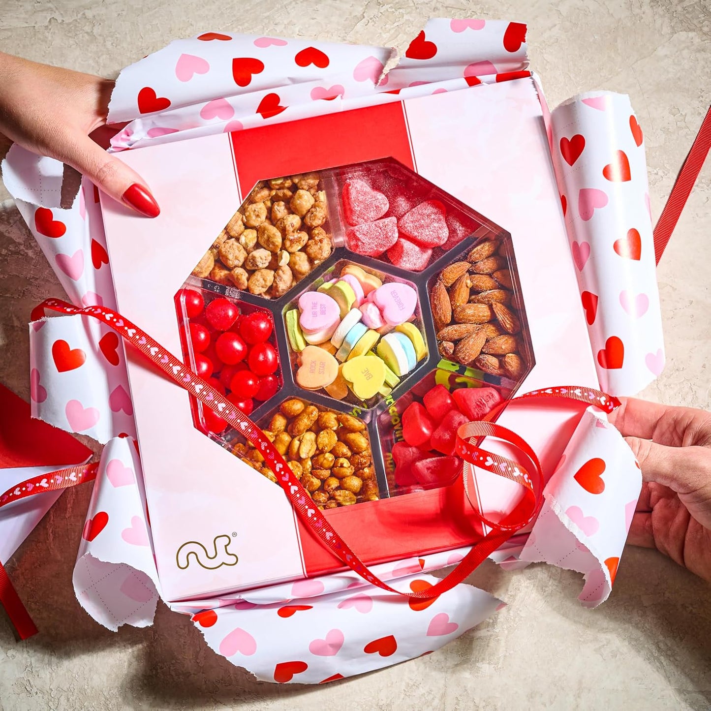 NUT CRAVINGS - Mixed Nuts & Heart Candy Gift Basket in Red Gold Box (7 Assortments, 1 LB) Food Arrangement, Healthy Snack Care Package, Food Assortments
