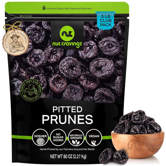 NUT CRAVINGS - Dried Prunes Pitted Unsweetened, Dry Plums No Sugar Added (80oz, 5 LB) Bulk Dry Fruits Packed Fresh in Resealable Bag - Sweet Healthy Snack, Naturally Grown, Vegan, Kosher