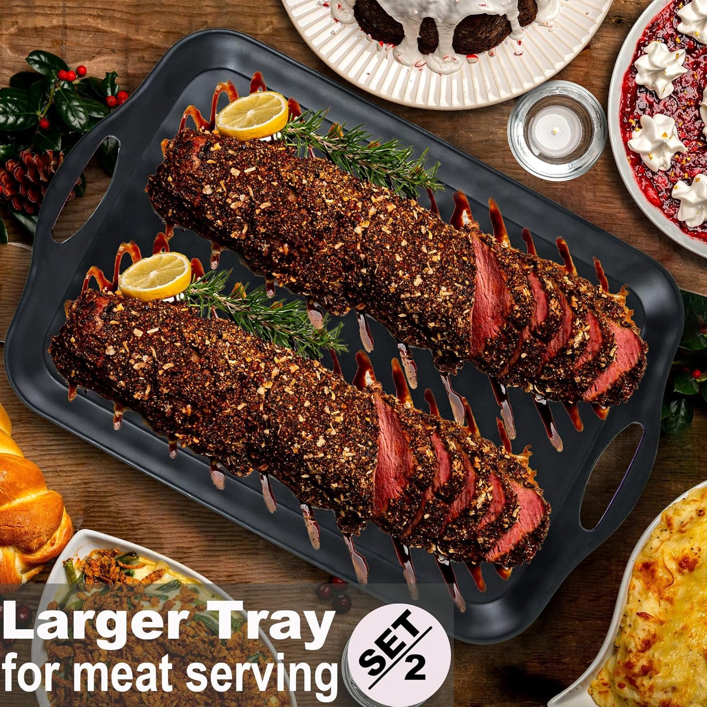 Extra Large Serving Tray with Handles, 20x13 inch, Set of 2 Melamine Platters for Serving Food, Turkey, Cookie, Rectangular Trays for Eating, Raised Dots Matt Finished, Dishwasher Safe, Black