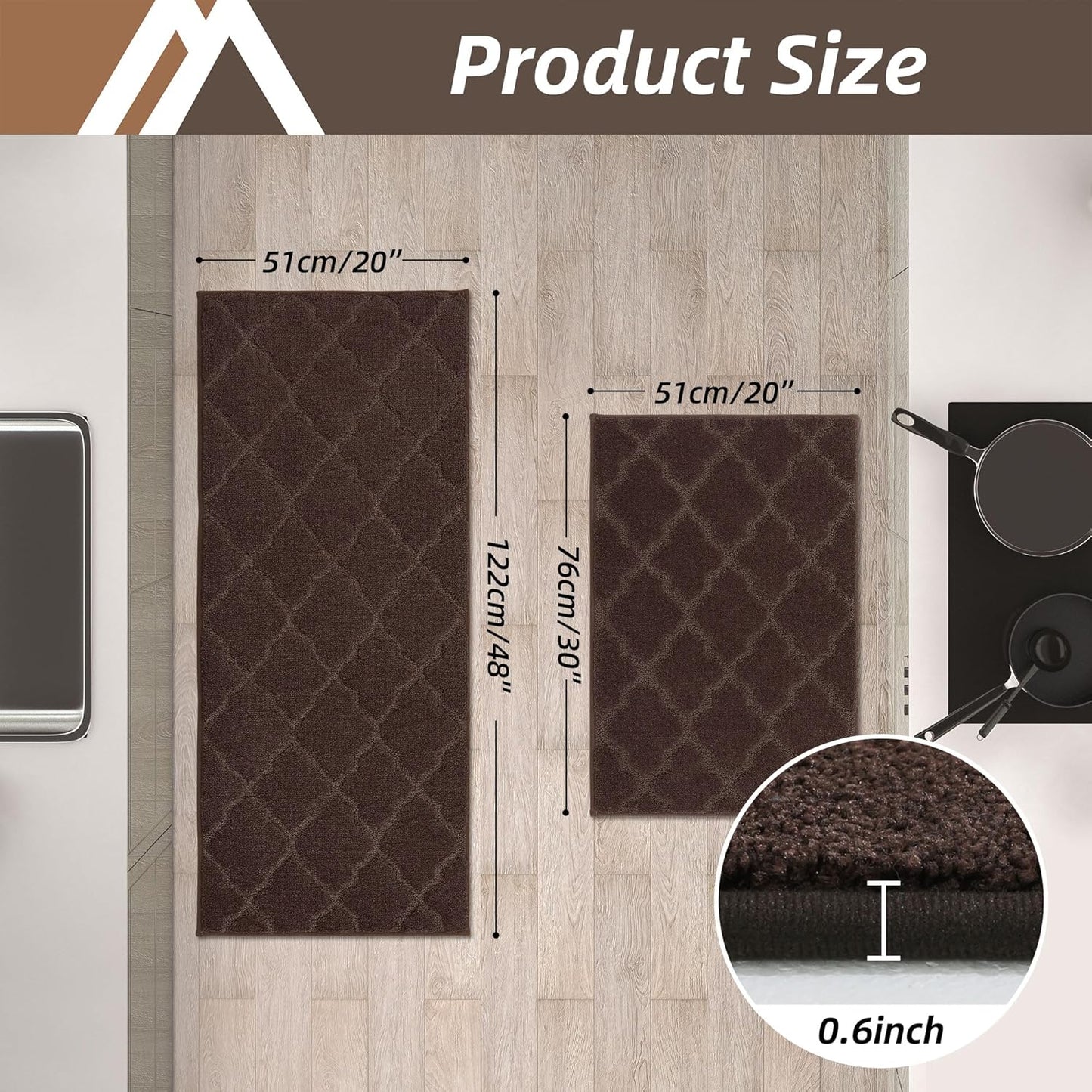 COSY HOMEER Soft Kitchen Rugs [2 PCS] for in Front of Sink Super Absorbent Kitchen Floor Mats and Mats 20x30 Inch/20X48 Non-Skid Kitchen Mat Standing Mat Washable,Polyester,Brown