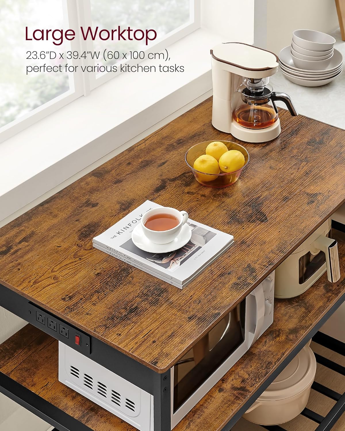 VASAGLE Kitchen Island with 3 Shelves, 39.4 Inches Width Kitchen Shelf with Power Strip, Large Worktop, Stable Steel Structure, Industrial, Easy to Assemble, Rustic Brown and Black UKKI105K01