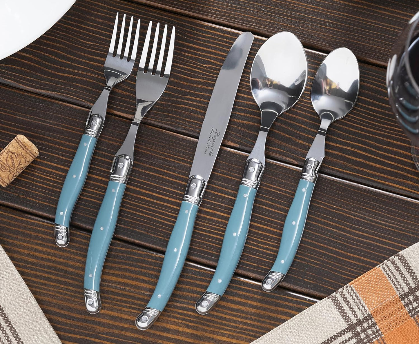 French Home Laguiole 20 Piece Flatware Set – Stainless Steel Flatware Set for 4 – Luxurious Aegean Teal Utensil Set with Knives, Spoons and Forks