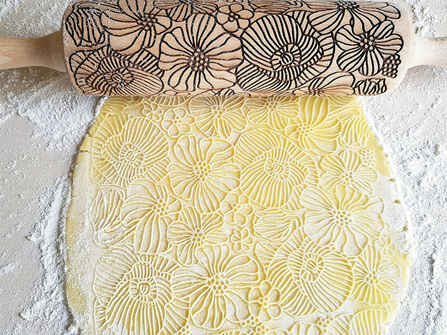 Embossing Rolling Pin POPPY. Dogh Roller with Wildflower Corn Poppies Pattern for Embossed Cookies and Pottery by Algis Crafts