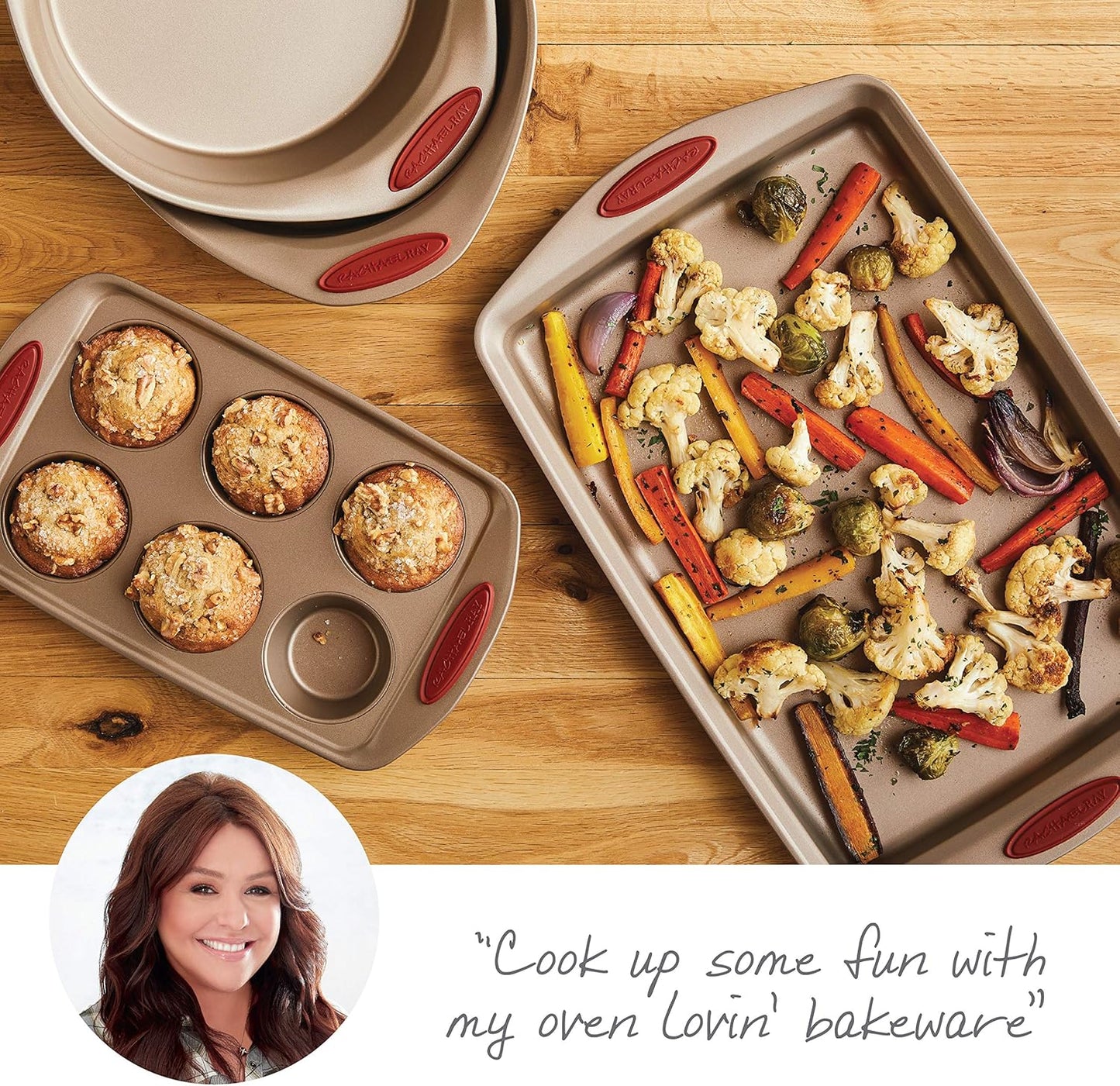 Rachael Ray Cucina Bakeware Set Includes Nonstick Cake Cookie Baking Sheet and Muffin Cupcake Pan, 4 Piece, Latte Brown with Cranberry Red Grips