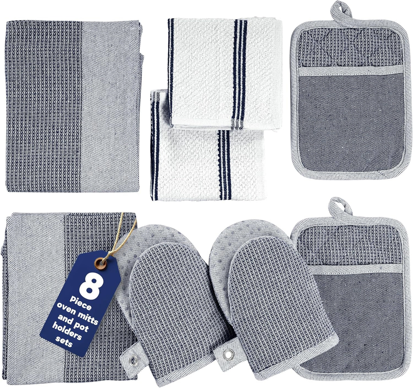 Casa Platino Mini Oven Mitts Set, 8-Piece – 500°F Heat Resistant Silicone Oven Mitts, Potholders for Kitchens, 2 Kitchen Towels & 2 Dish Cloths – Non-Slip & Durable – Indigo