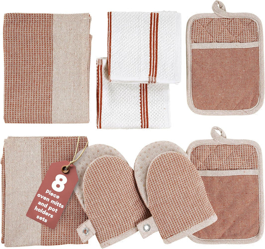 Casa Platino Potholders for Kitchens, 8-Piece – 500°F Heat Resistant Oven Mitts and Pot Holders, Mini Oven Mitts with Silicone Grip, 2 Kitchen Towels & 2 Dish Cloths – Durable & Non-Slip – Canyon Rose