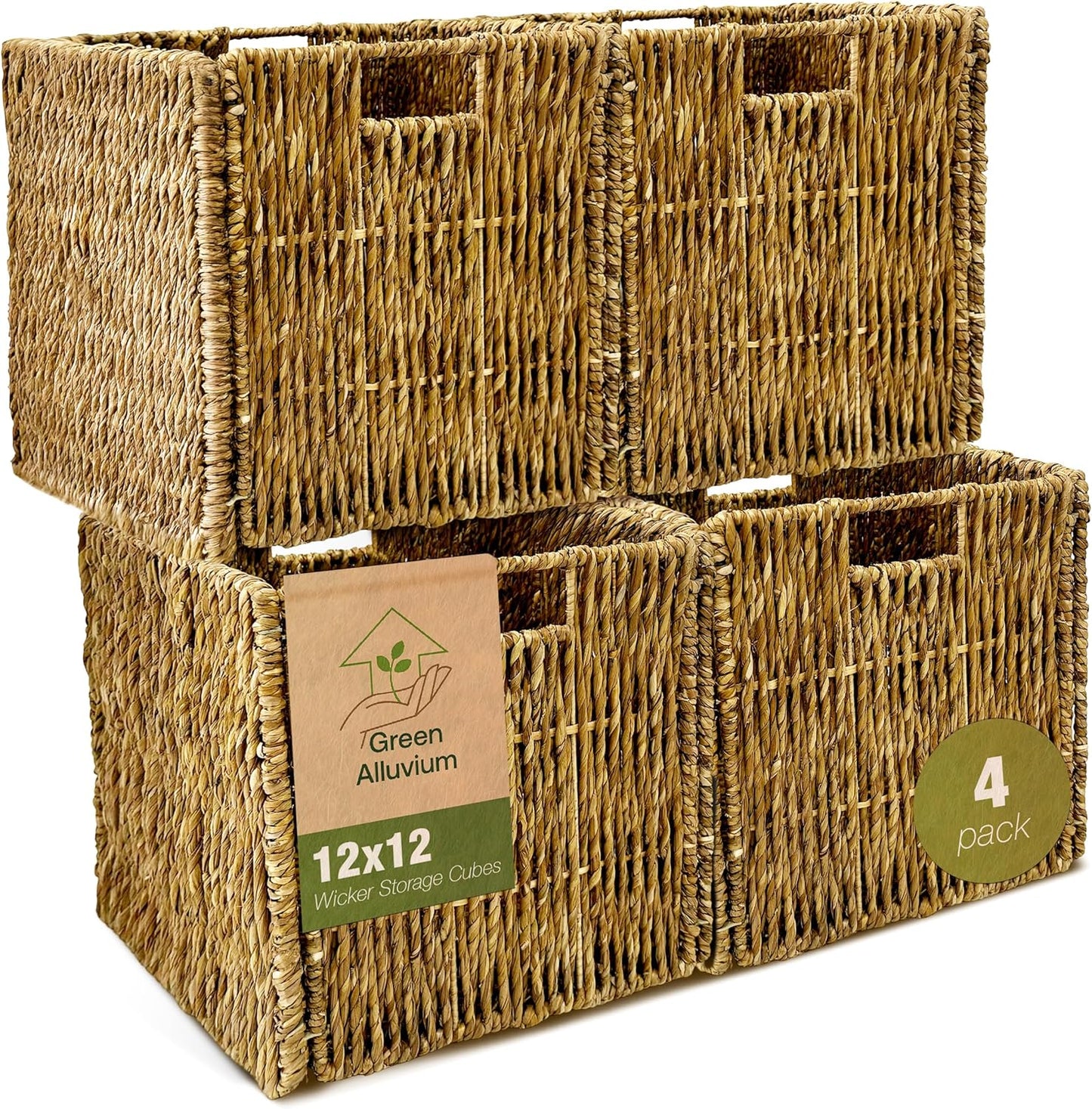 4 Pack Collapsible Storage Bins - 12x12 Wicker Storage Cubes, 12 inch Storage Baskets For Organizing, IKEA Shelves, Kallax Inserts, Closet, Office – Foldable Storage Basket For Shelves, Toys, Clothes