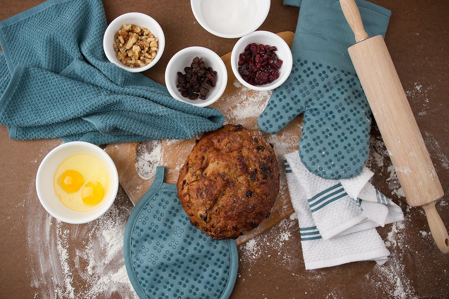 Sticky Toffee 9-Piece Kitchen Set – Blue 100% Cotton Terry Dish Towels, Dishcloths, Oven Mitts, and Pot Holders with Non-Slip Silicone, Oeko-Tex Certified